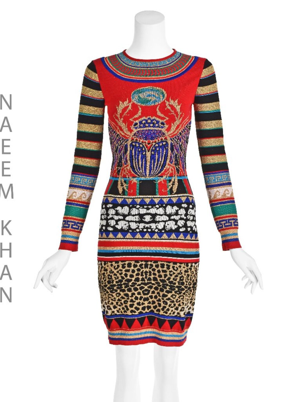NAEEM KHAN Red & Gold Knit Egyptian Mystery Dress SZ SM